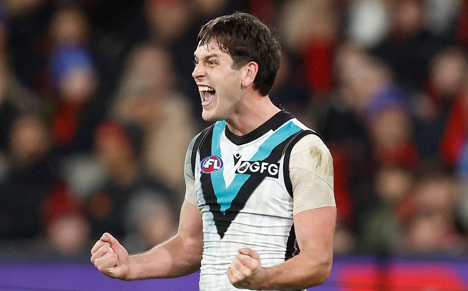 Zak Butters celebrates after the match between Essendon and Port Adelaide at the MCG on July 1, 2023. Picture: AFL Photos